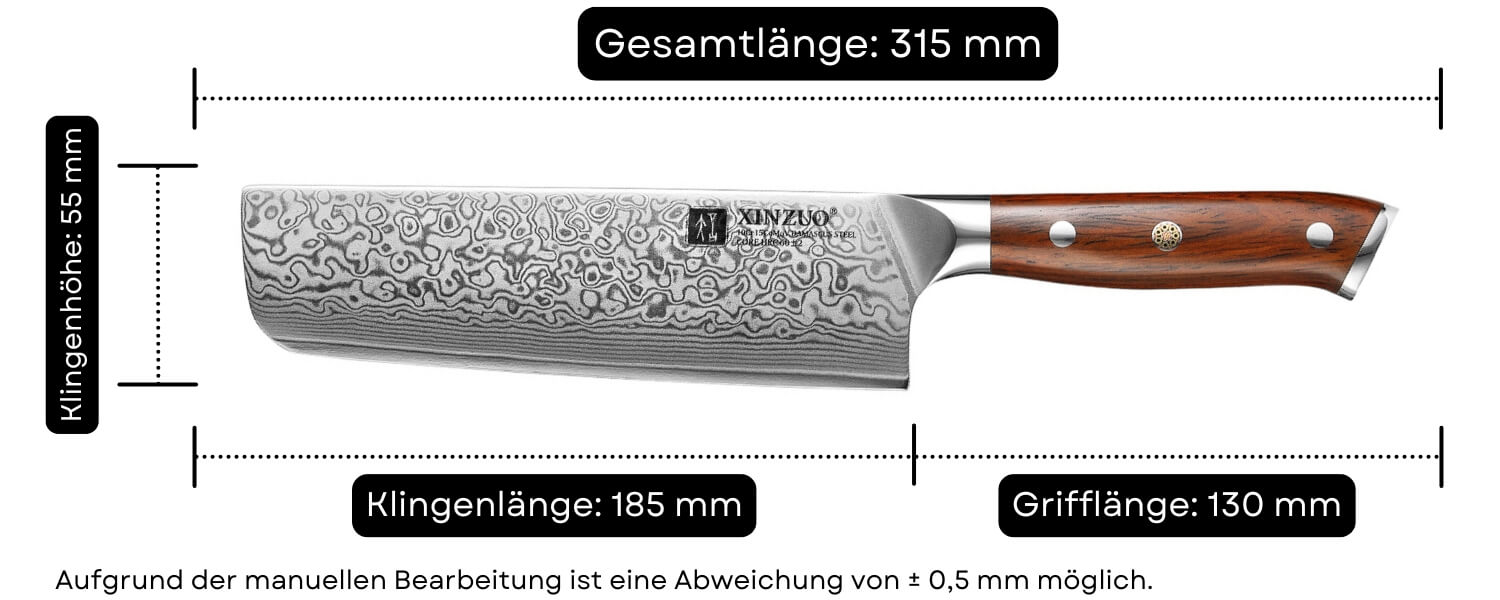 Abmessungen des Nakiri-Messers XinZuo Yu B13R