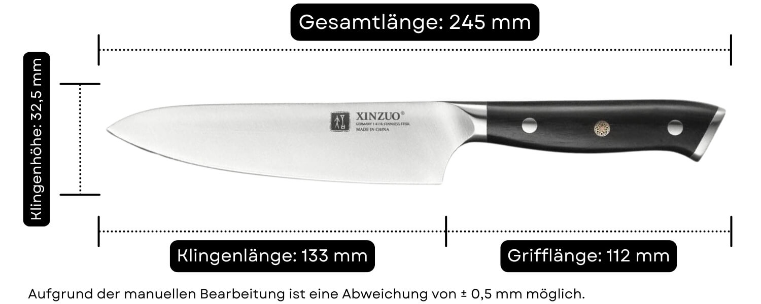 Abmessungen des Gemüsemessers XinZuo B13S Deutscher Stahl 