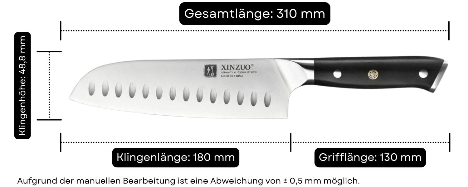 Abmessungen des Santokumessers XinZuo B13S