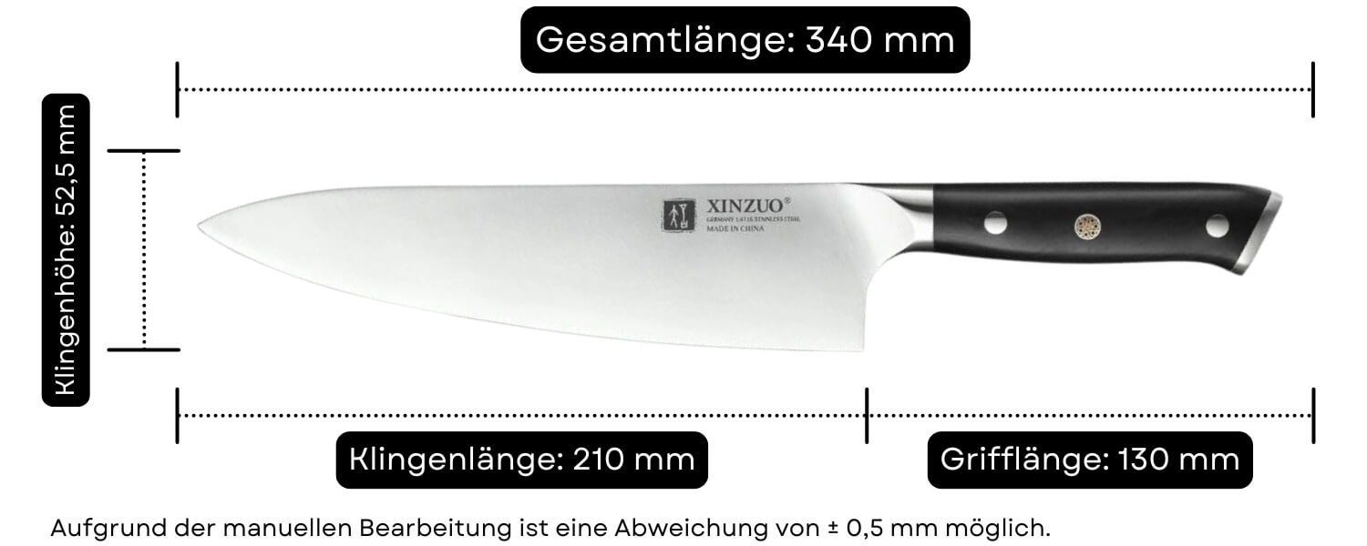 Abmessungen des Kochmessers XinZuo Yu B13S