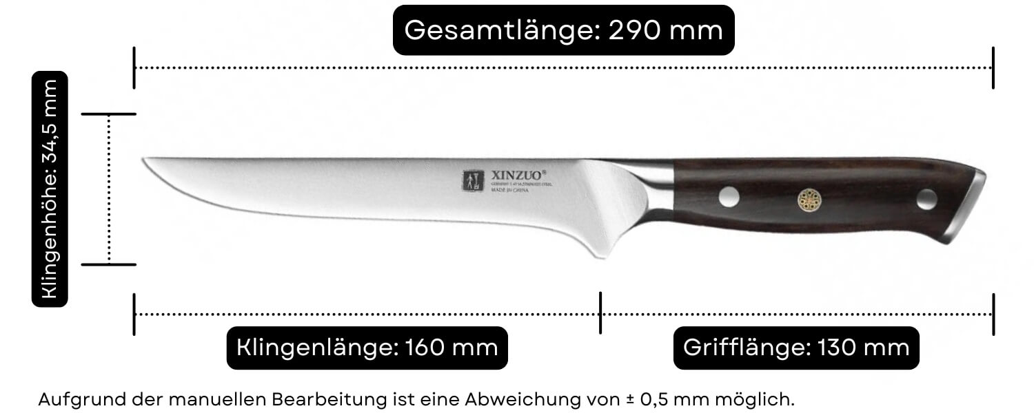 Abmessungen des Ausbeinmessers XinZuo B13S