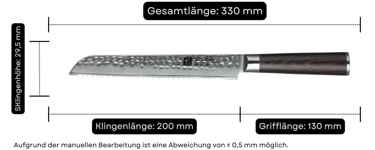 Abmessungen des Brotmessers XinZuo He B1H 