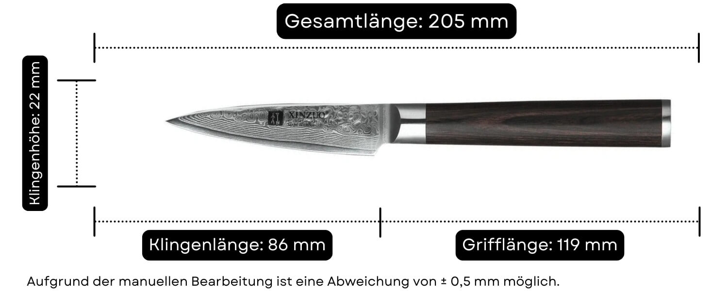 Abmessungen des Schälmessers XinZuo He B1H