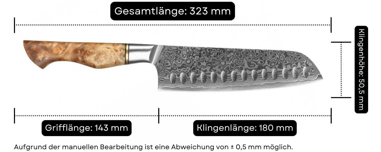 Abmessungen des Santokumessers HEZHEN Master B30