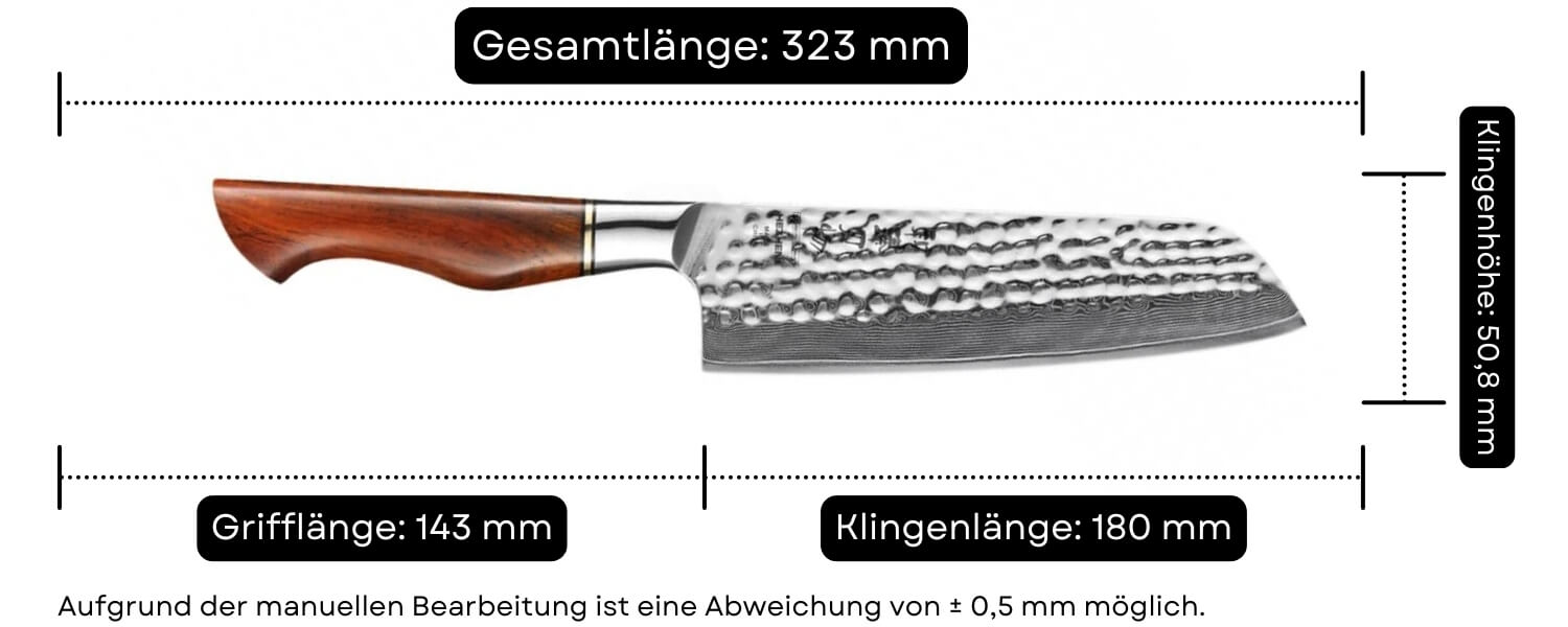 Abmessungen des Santokumessers HEZHEN Master B30R
