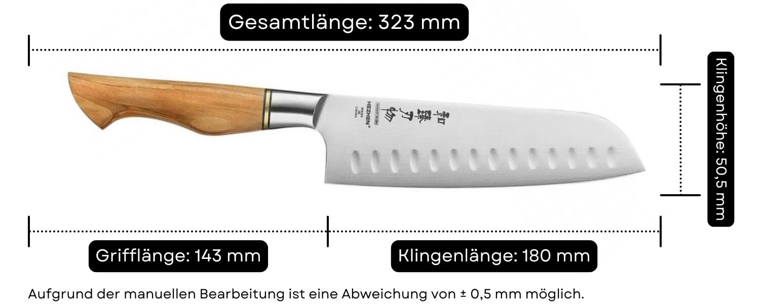 Abmessungen des Santokumessers HezHen Master B30S