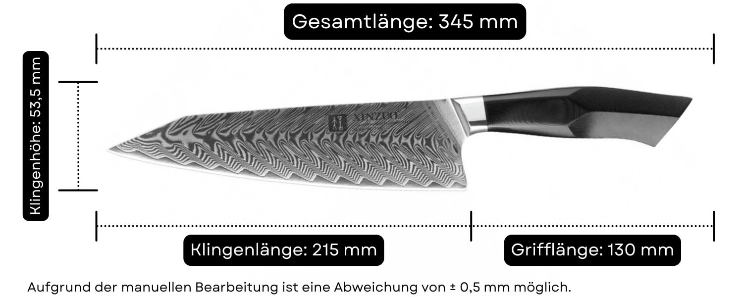 Abmessungen des Kochmessers XinZuo Feng B32