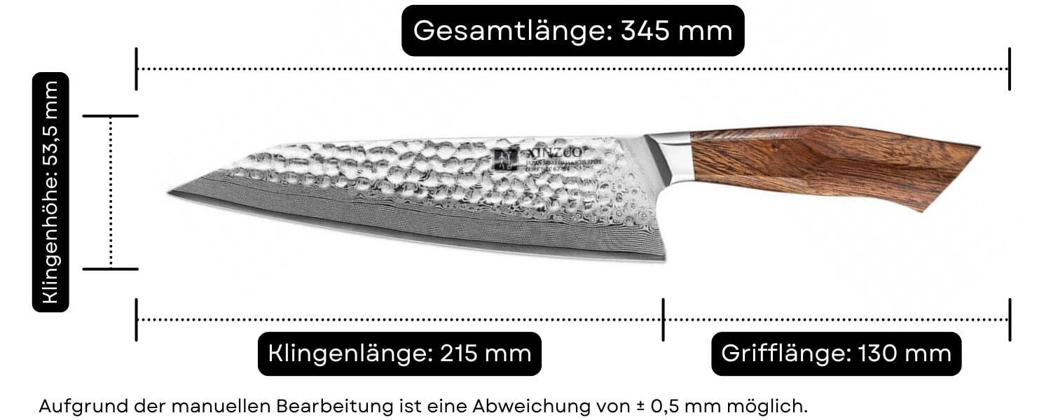 Abmessungen des Kochmessers XinZuo B32D 22 cm