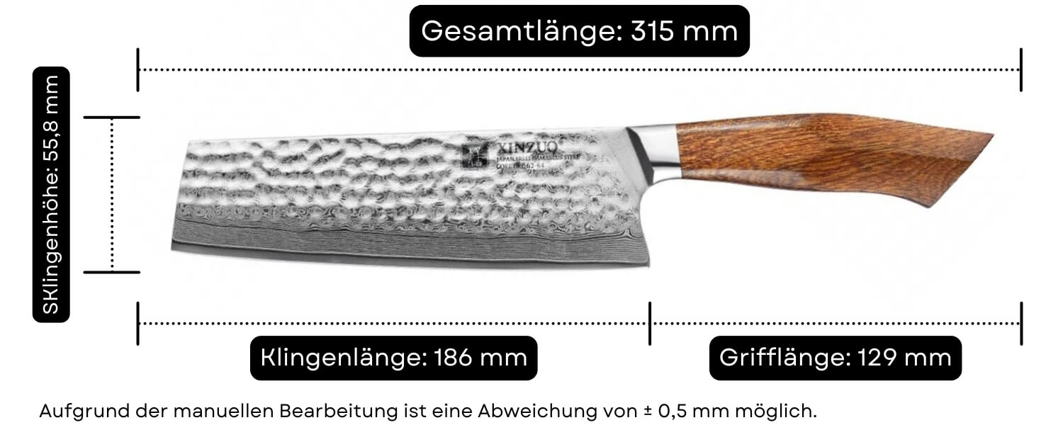 Abmessungen des Nakiri-Messers XinZuo Feng B32D