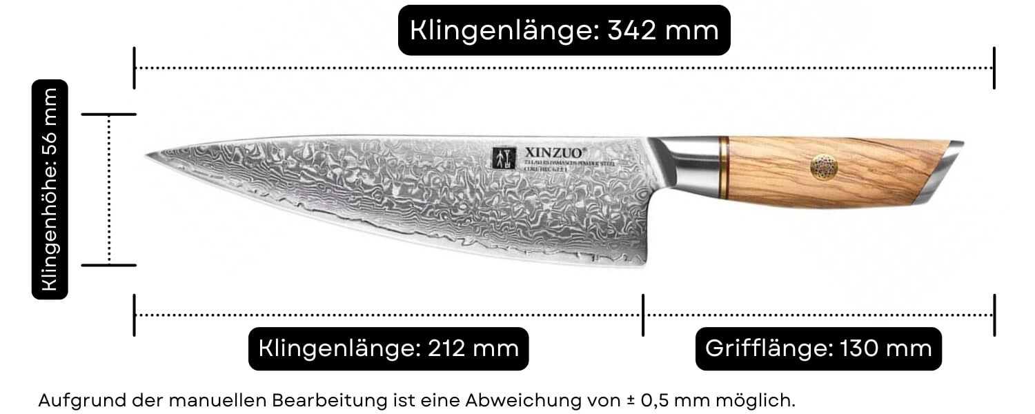 Abmessungen des Kochmessers XinZuo Lan B37