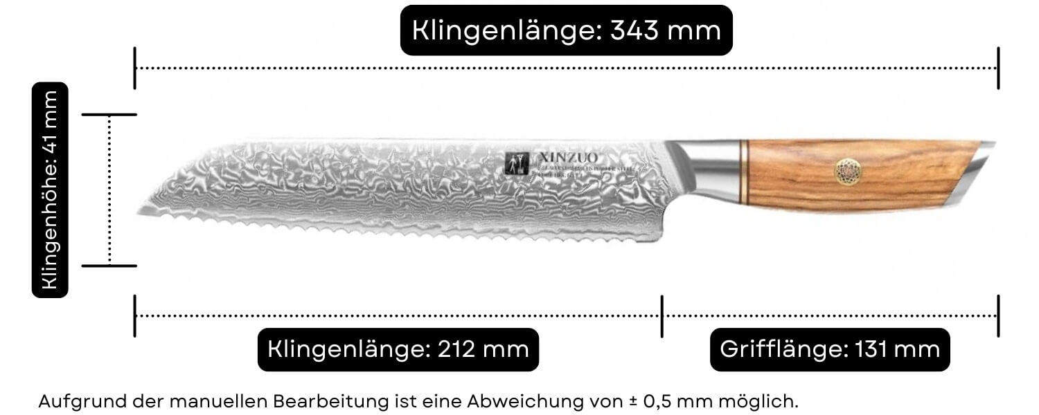 Abmessungen des Brotmessers XinZuo Lan B37