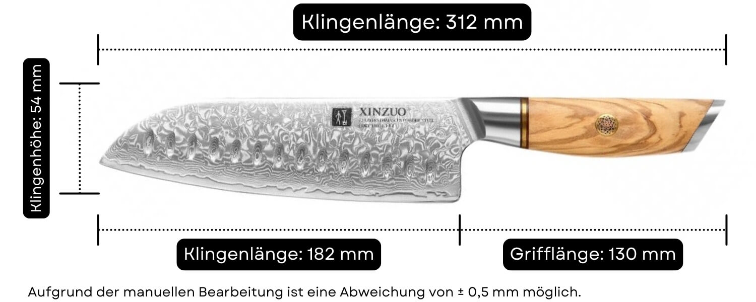 Abmessungen des Santokumessers XinZuo Lan B37