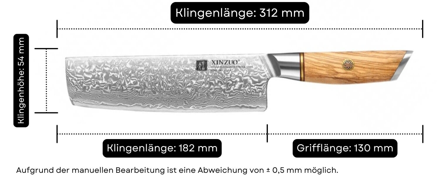 Abmessungen des Nakiri-Messers XinZuo Lan B37
