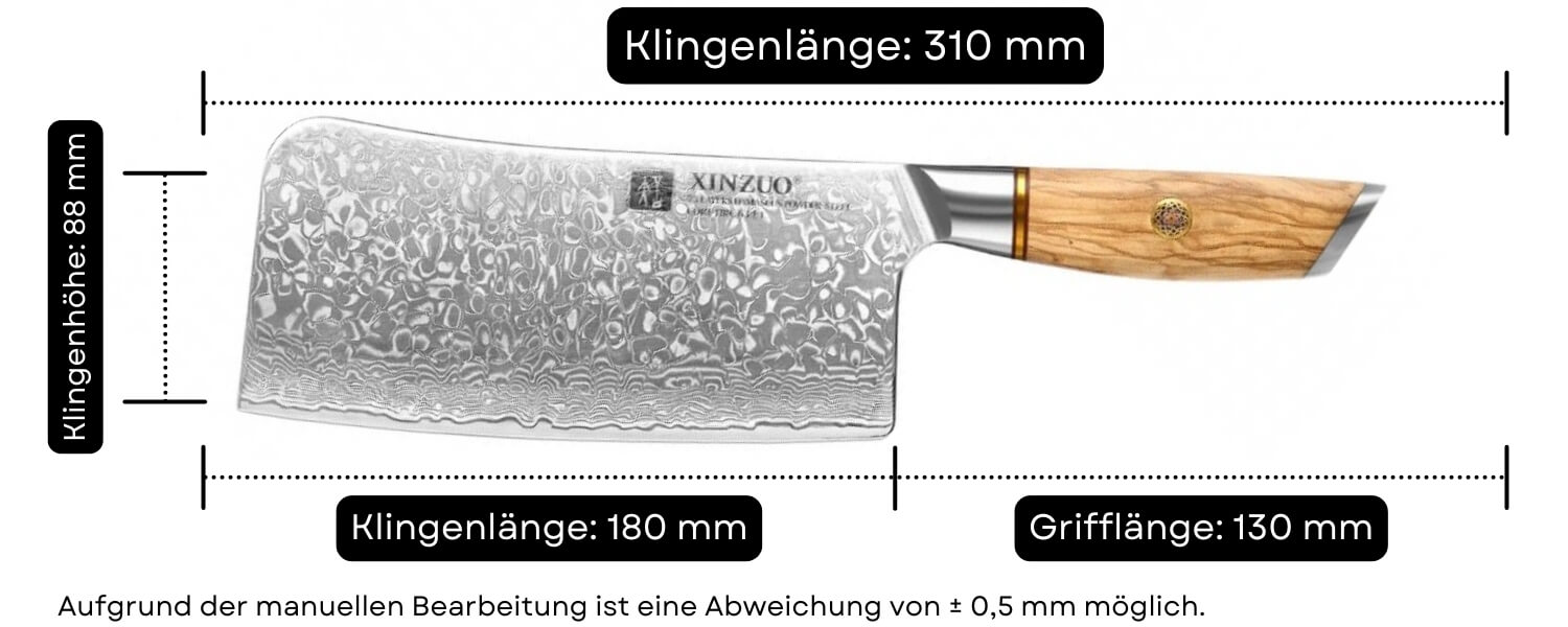 Abmessungen des Hackmessers XinZuo Lan B37