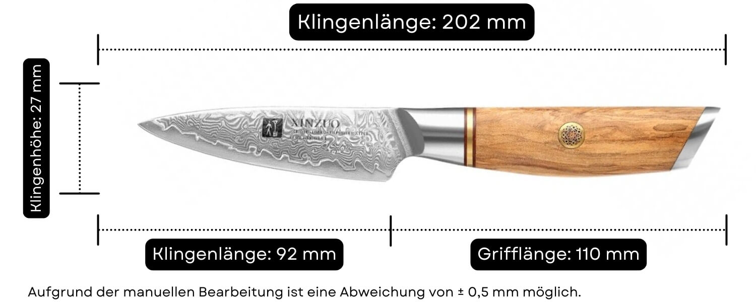 Abmessungen des Schälmessers XinZuo Lan B37