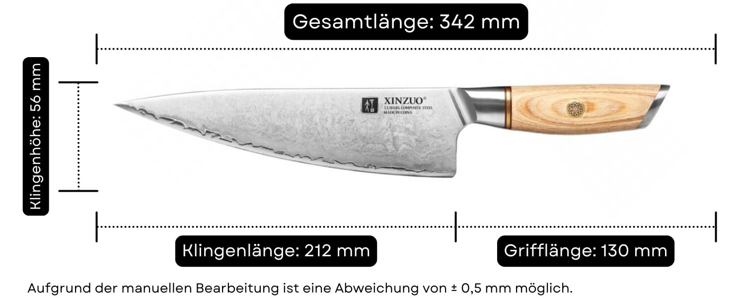 Abmessungen des Kochmessers XinZuo Lan B37S