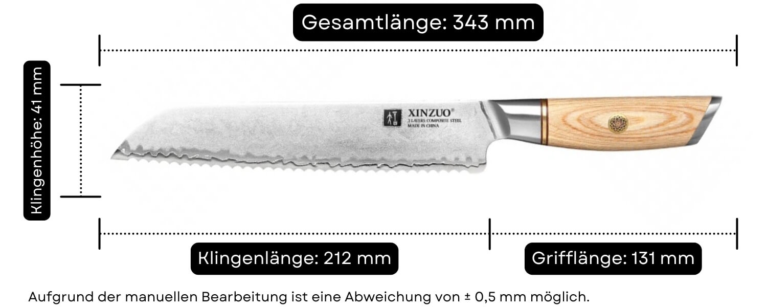 Abmessungen des Brotmessers XinZuo Lan B37S