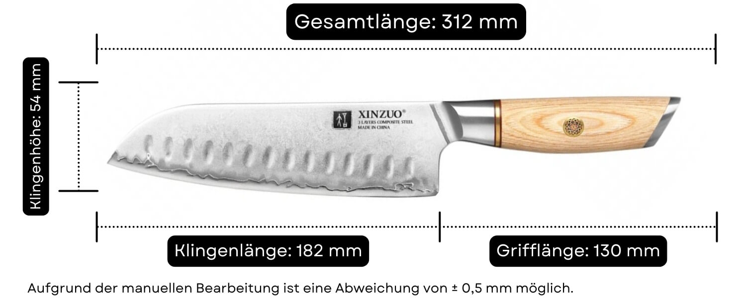 Abmessungen des Santokumessers XinZuo Lan B37S