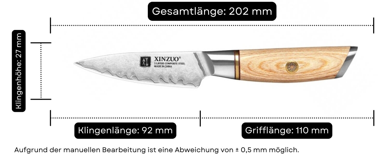 Abmessungen des Schälmessers XinZuo Lan B37S