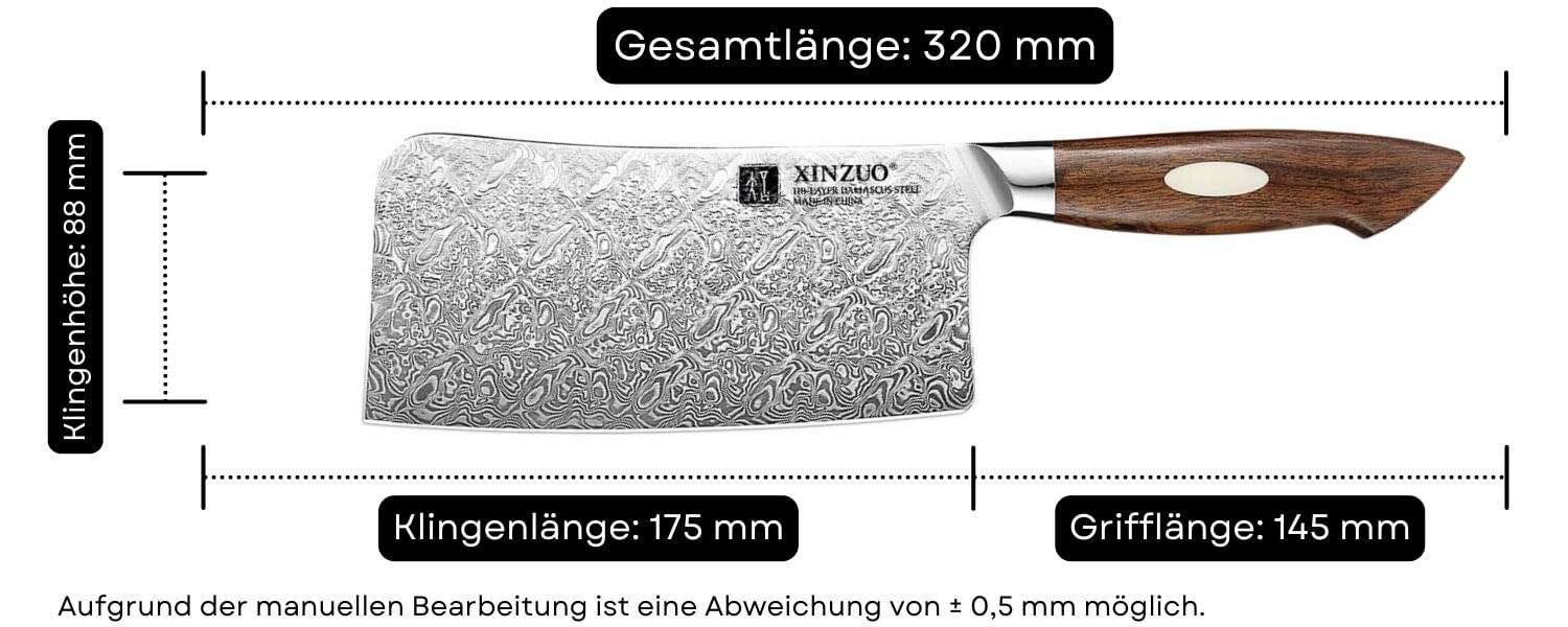 Abmessungen des Hackmessers XinZuo Jiang B46D