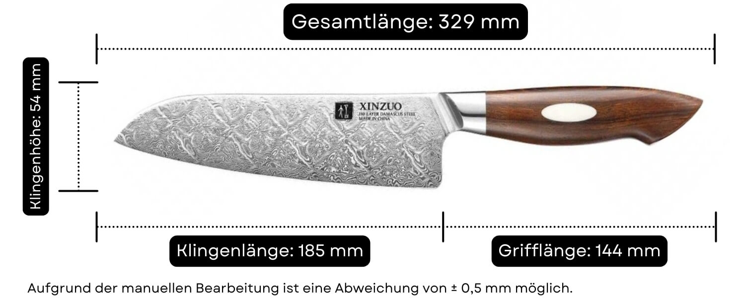 Abmessungen des Santokumessers XinZuo B46D