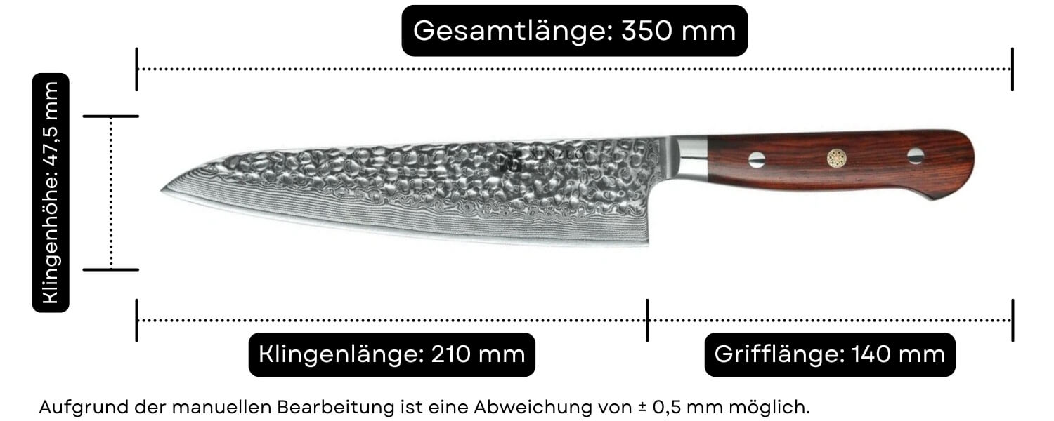 Abmessungen des Kochmessers XinZuo Yun B9H
