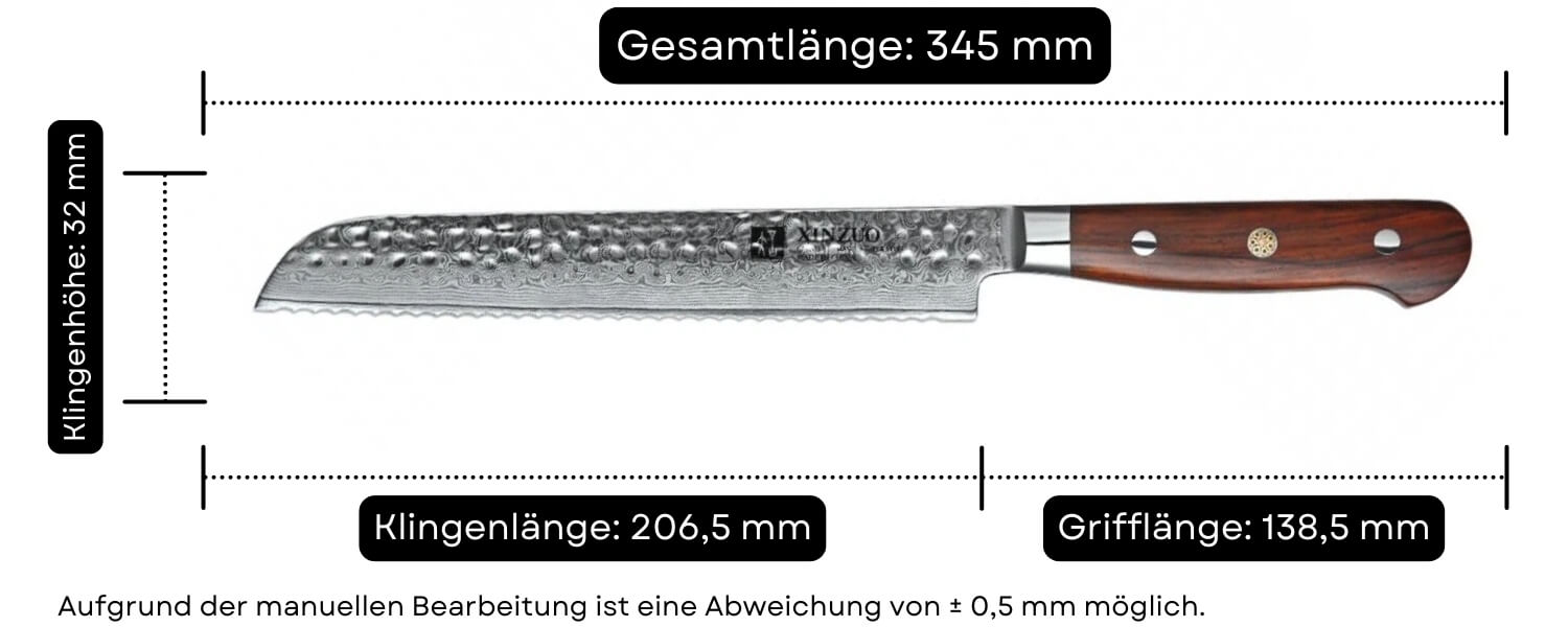 Abmessungen des Brotmessers XinZuo Yun B9H