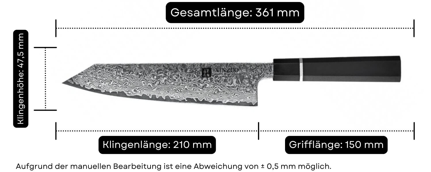Abmessungen des Kochmessers Bunka XinZuo CZ