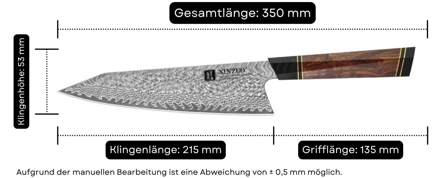 Abmessungen des Kochmessers Bunka XinZuo F2