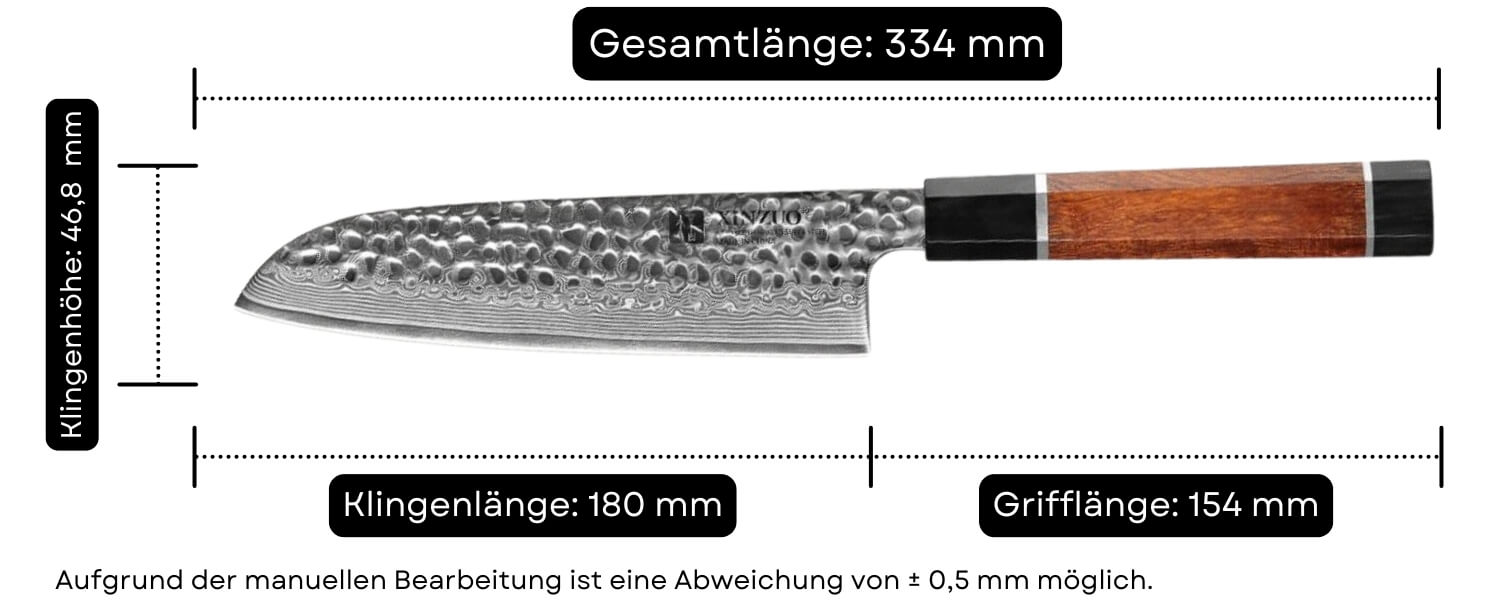 Abmessungen des Santokumessers XinZuo Zhen PM8