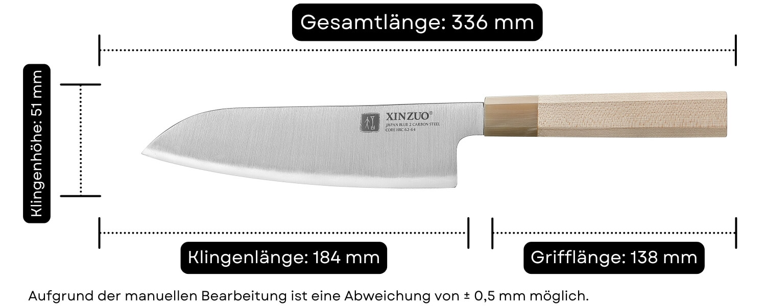 Abmessungen des Santoku Messers XinZuo Zhen QE PM8M