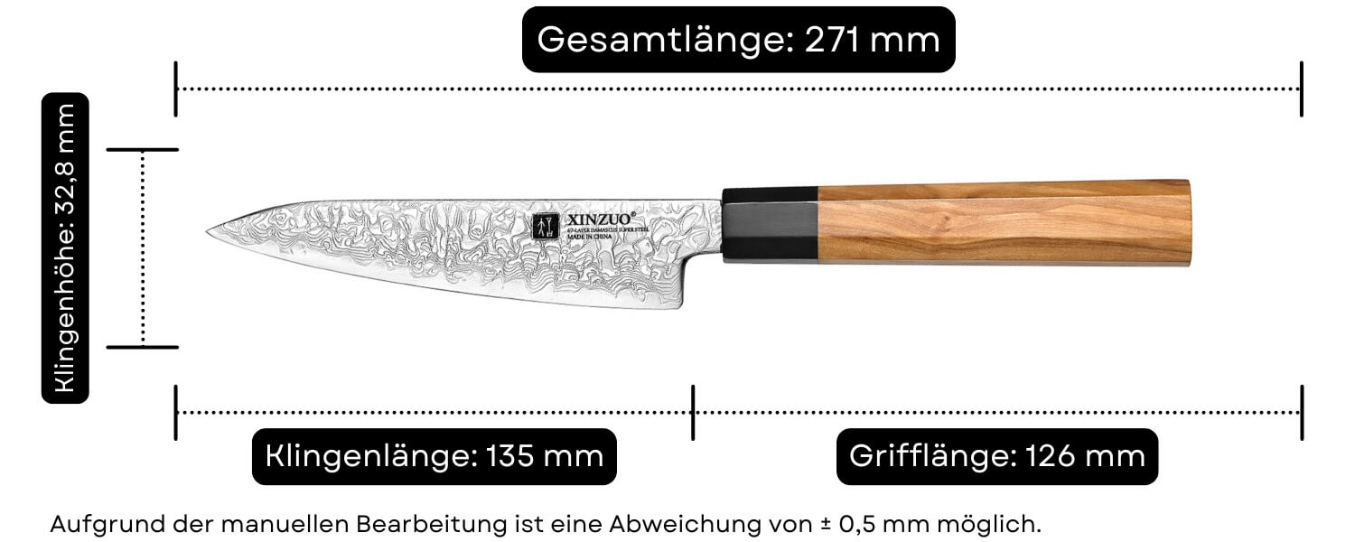Abmessungen des Gemüsemessers XinZuo Zhen PM8O