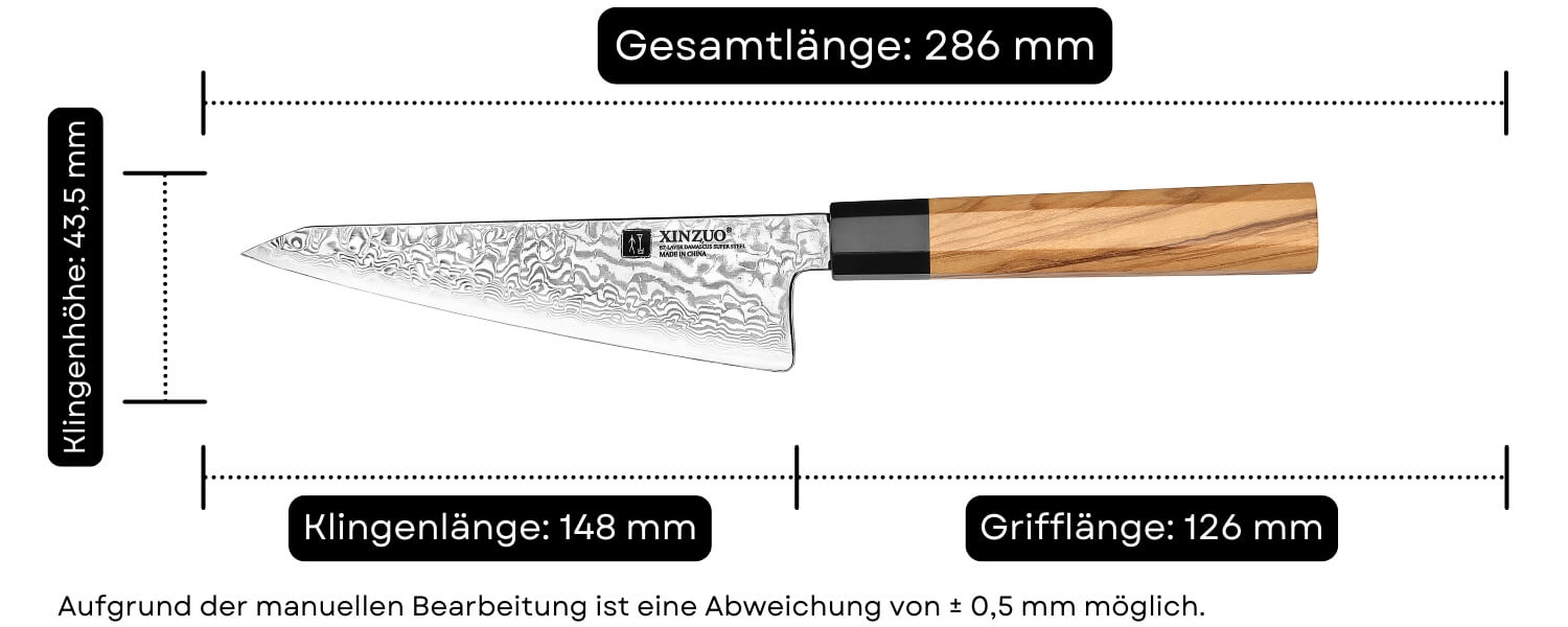 Abmessungen des Honesuki Messers XinZuo PM8O