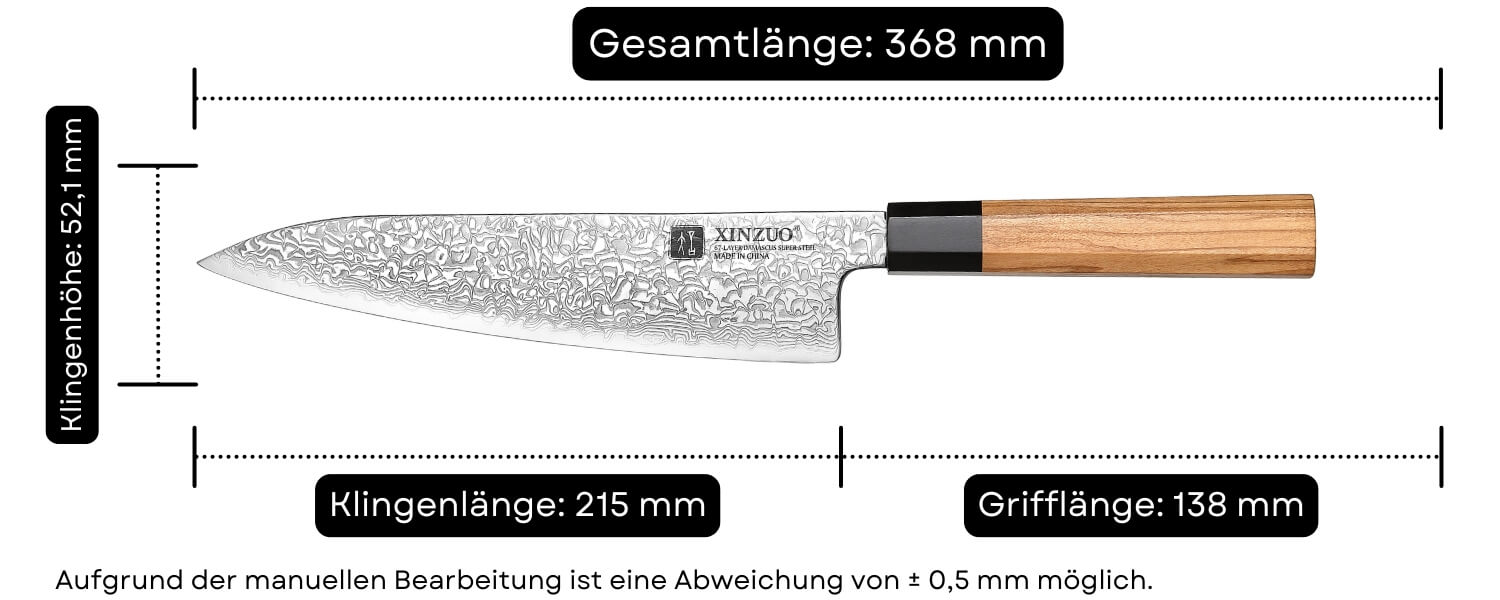 Abmessungen des Kochmessers XinZuo Zhen PM8O