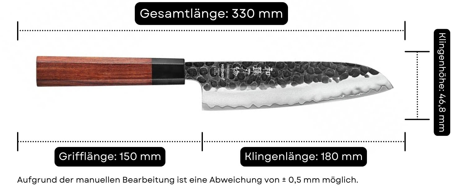 Abmessungen des Santokumessers HEZHEN PM8S