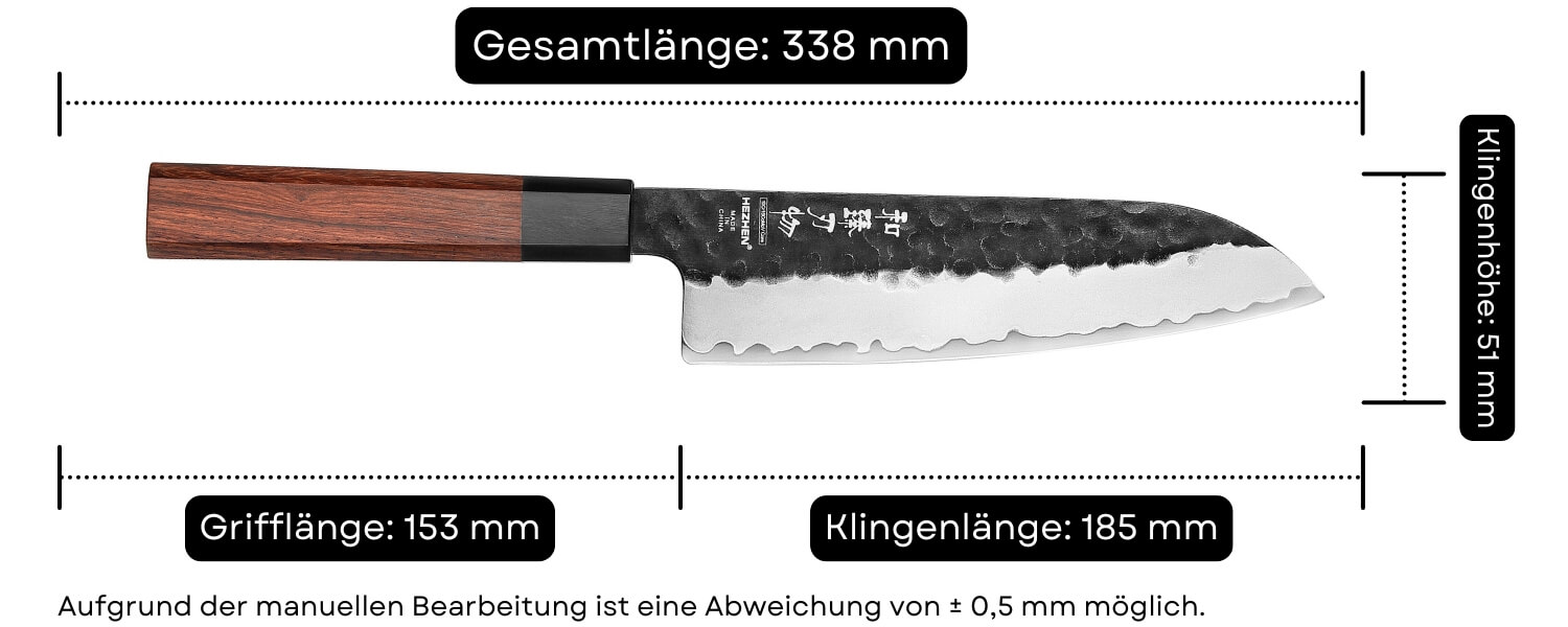 Abmessungen des Santokumessers HEZHEN PM8S