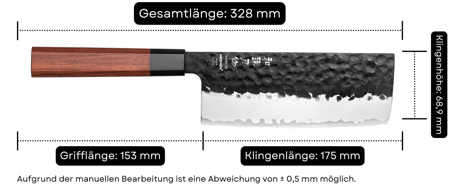 Abmessungen des Nakiri-Messers HEZHEN PM8S