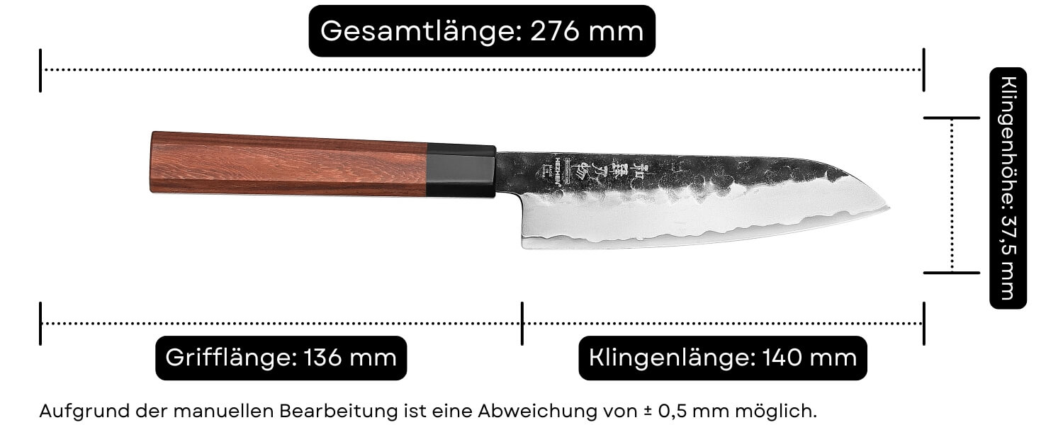 Abmessungen des Santokumessers HEZHEN PM8S