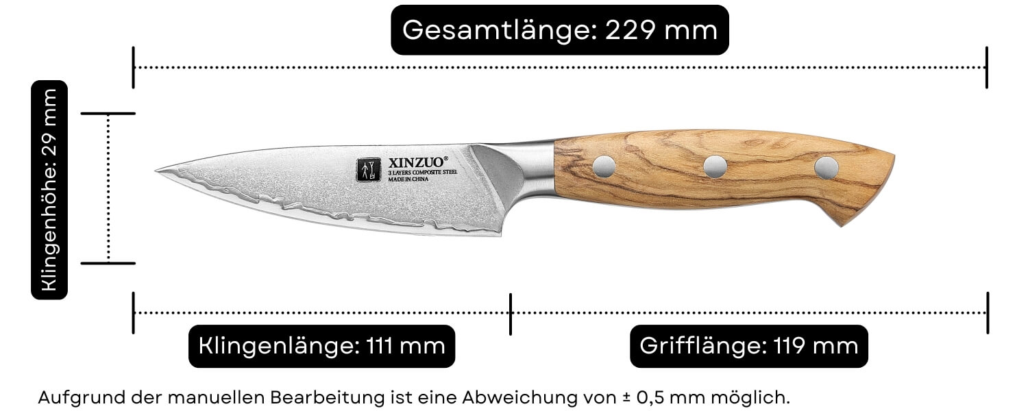 Abmessungen des Schälmessers XinZuo Pin X02O