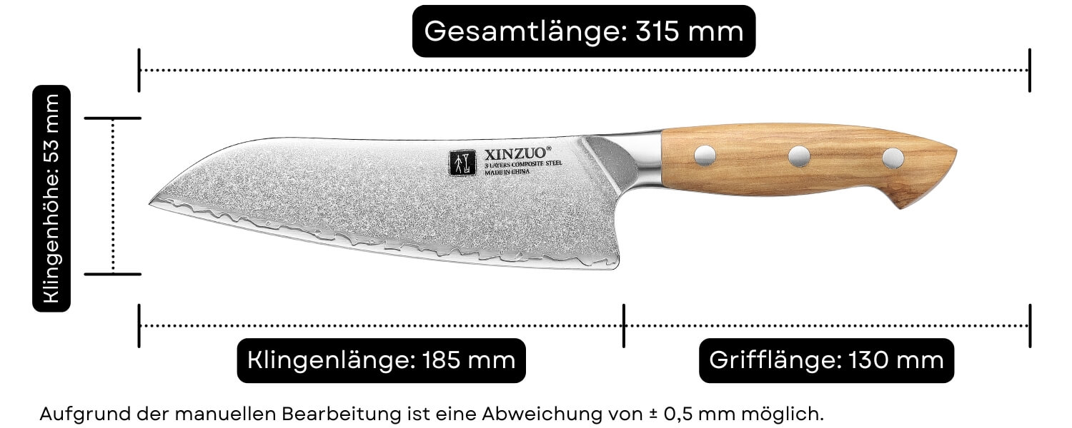Abmessungen des Santoku-Messers XinZuo Pin X02O