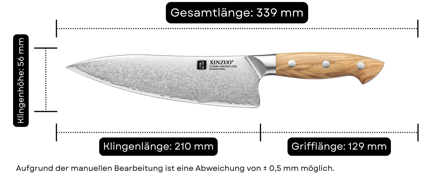 Abmessungen des Kochmessers XinZuo Pin X02O