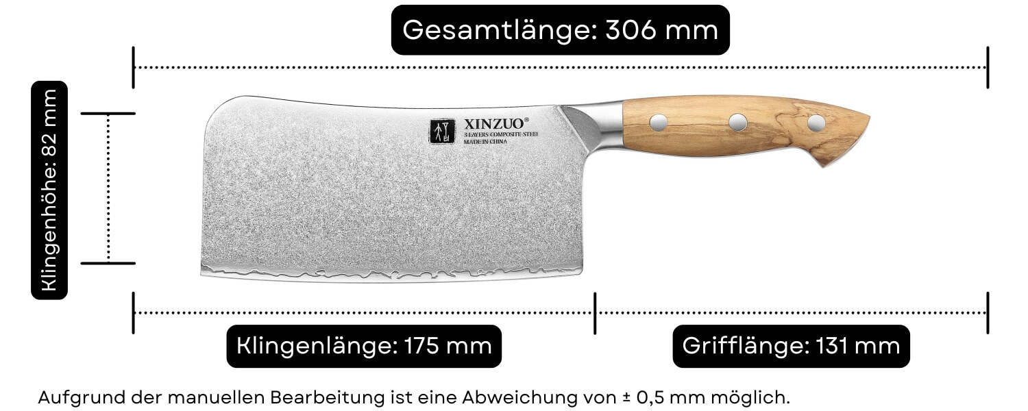Abmessungen des Hackmessers XinZuo Pin X02O
