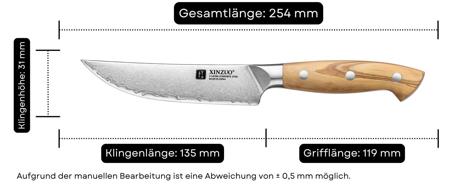 Abmessungen des Steakmesser XinZuo Pin X02O