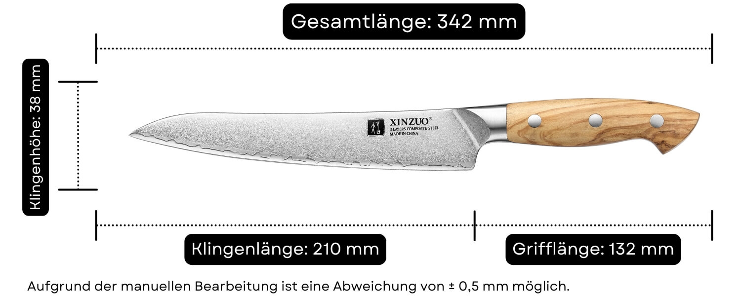 Abmessungen des Fleischmessers XinZuo Pin X02O