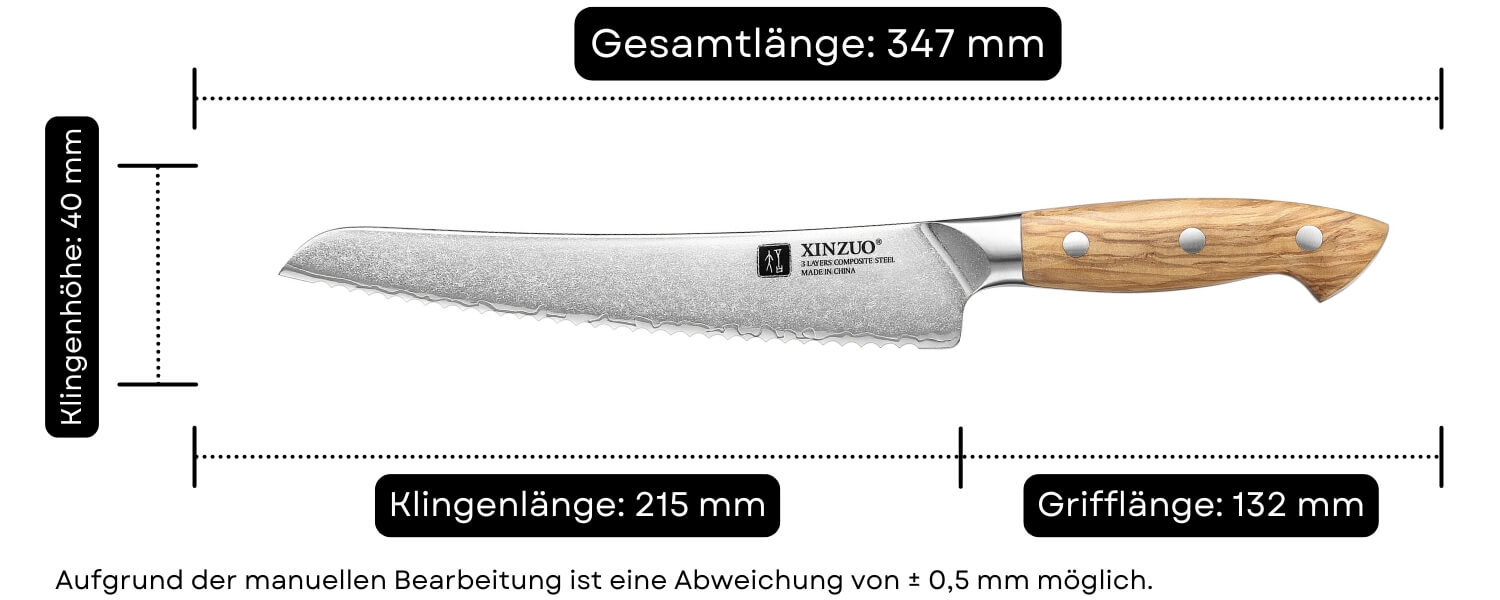 Abmessungen des Brotmessers XinZuo Pin X02O