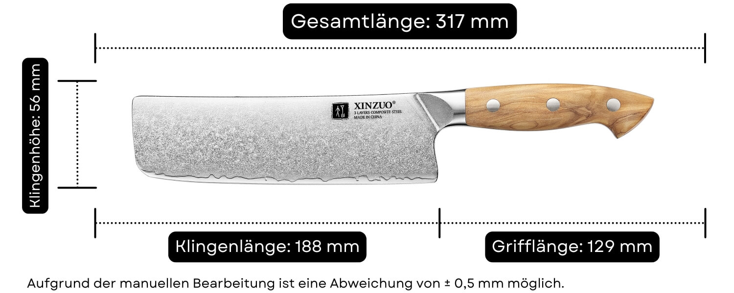 Abmessungen des Nakiri-Messers XinZuo Pin X02O