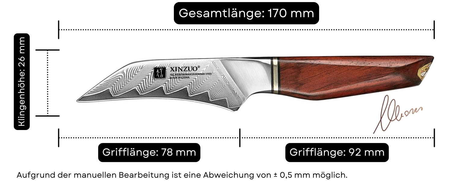Abmessungen des Schälmessers XinZuo Xing X03