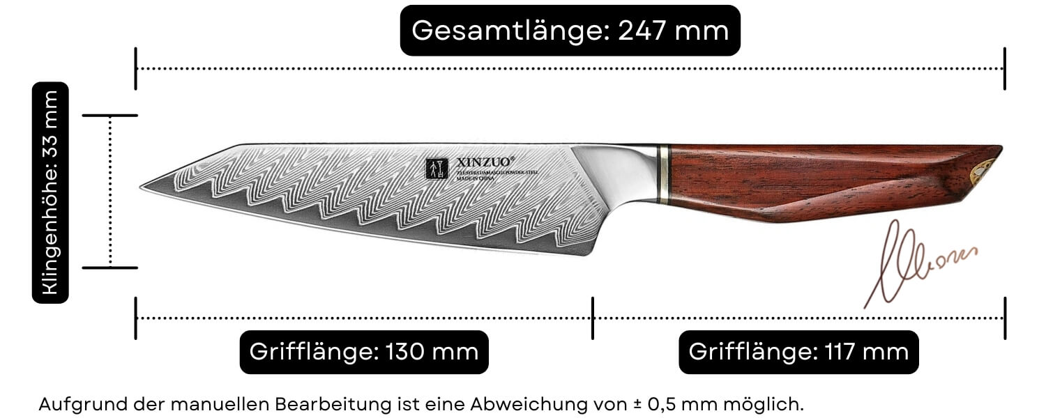 Abmessungen des Gemüsemessers XinZuo Xing X03