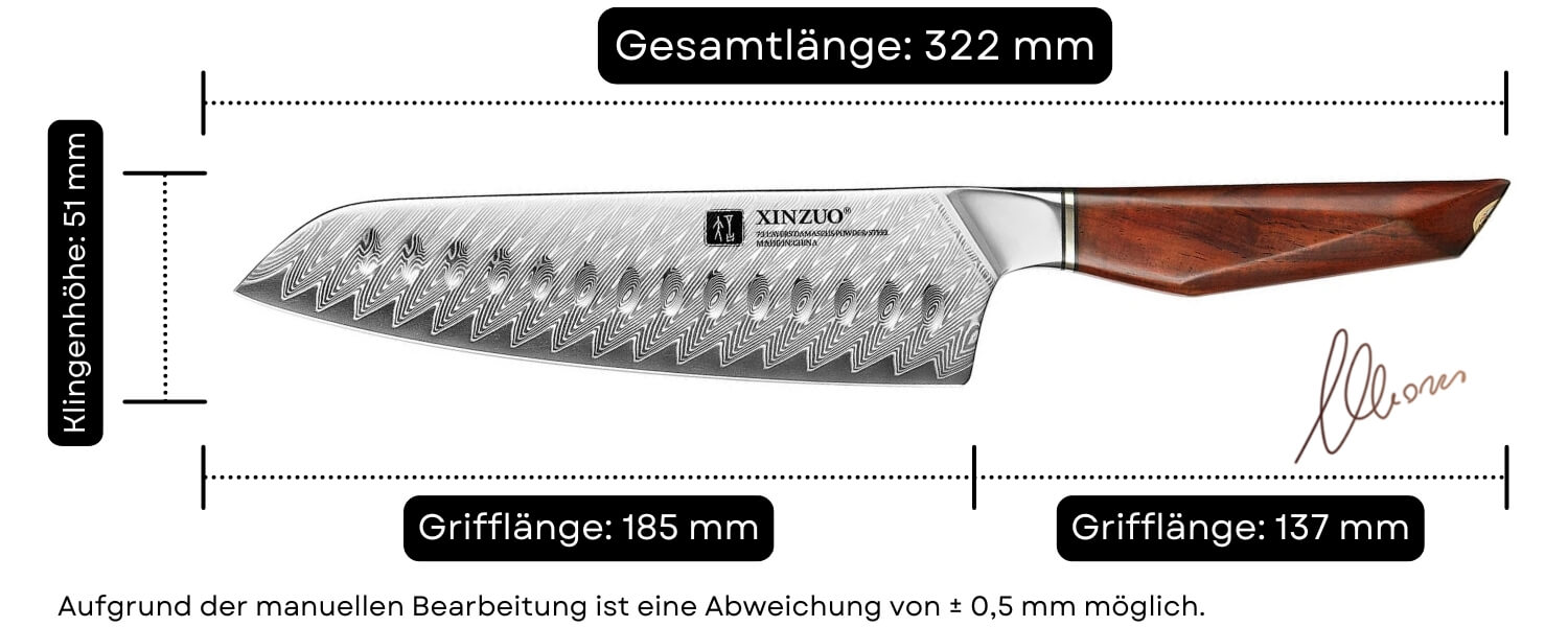 Abmessungen des Santokumessers XinZuo Xing X03