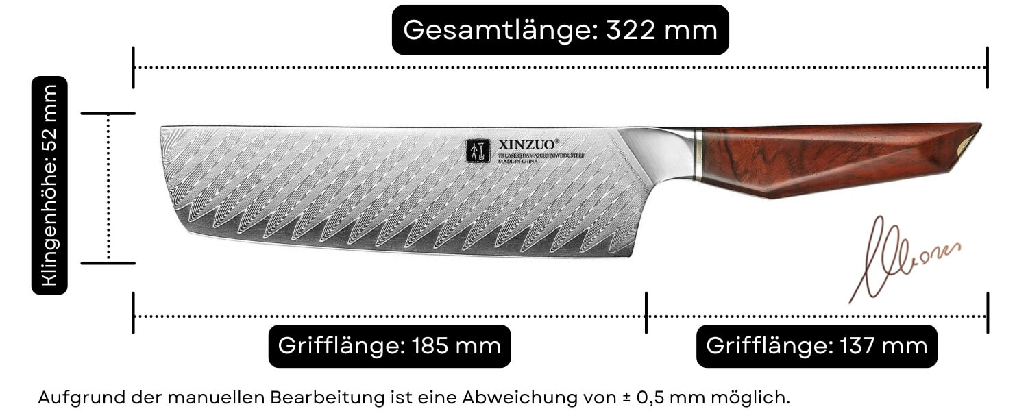 Abmessungen des Nakiri-Messers XinZuo Xing X03